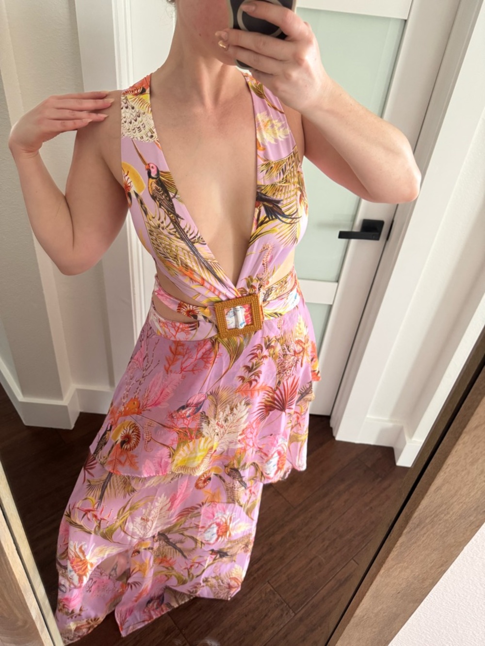 Pink Tropical Print Halter Maxi Dress with Buckle Detail